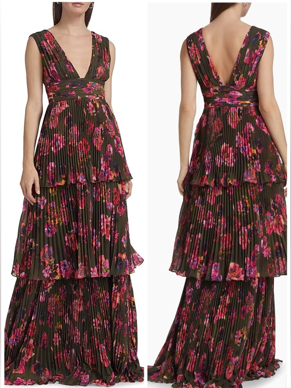 NWT Amur Fluer Floral Pleated Sleeveless Gown Maxi Dress Tiered Sz 4